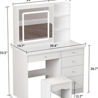 Coiffeuse de chambre principale haute capacité avec miroir LED blanc, cinq tiroirs, étagères ouvertes et tabouret