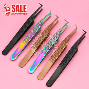 Luxury Stock Fiber Tip Lash Tweezers Pointy Base Volume Fans Eyelash Extensions Tweezer Custom Box Individual Diamond Grip - Product Image 3