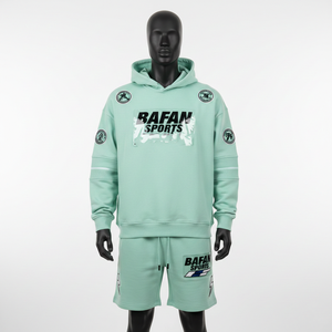 Conjunto de sudadera con capucha y pantalones cortos para hombre, premium, 320 GSM, algodón y poliéster, color verde menta, con logo personalizado impreso. - Product Image 1