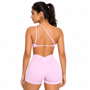 Womens <b>Pink</b> Crisscross Straps High Support Sports Bra High Waist Shorts <b>Set</b> | Yoga Activewear 2-Piece Custom Logo - Product Image 2