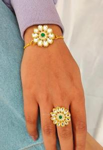 Conjunto de 2 Piezas de Anillo y Brazalete Ajustable Kundan, Regalo de Boda, Recuerdo de Haldi Sangeet, Regalo de Regreso a la Diastería, Joyería de Mano - Product Image 3