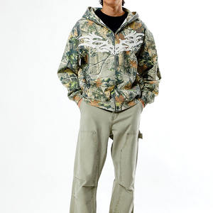 Y2K Style Men <b>Oversized</b> Zip Up Tree Camo <b>Hoodies</b> Custom Applique Patch Embroidery Heavyweight <b>Fleece</b> Streetwear <b>Hoodies</b> - Product Image 6