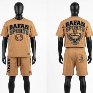 Ensemble T-shirt et short en coton French Terry Premium GSM pour homme, marron, imprimé en relief, logo personnalisé, tenue d'été, ensemble 2 pièces pour homme - Product Image 4