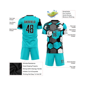 ชุดฟุตบอลสีดำขาวแบบกำหนดเอง ผ้าโพลีเอสเตอร์ 100% กันน้ำ ระบายอากาศ แขนสั้น สีพื้น แบบรีดร้อน - Product Image 6