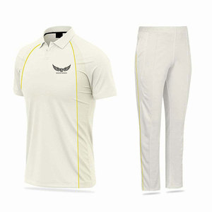 ROLEN SPORTS Men's <b>White</b> <b>Cricket</b> Uniform Set Polyester Breathable Short Sleeve Polo Shirt and Pants with Yellow Trim - Product Image 1