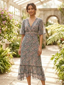 ฟรีไซส์ เสื้อผ้าสไตล์เกาหลี ลายเรขาคณิต ลายเพสลีย์ สไตล์ Y2K โบฮีเมียนธรรมชาติ ผ้าไหมทอแบบอินเดีย ทรงเอไลน์ ความยาวปานกลาง สวมใส่สบายๆ ทุกวัน หวานๆ สำหรับฤดูร้อน คอวี ทรงบาน - Product Image 3