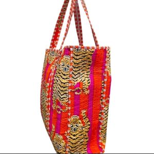 กระเป๋าผ้าพิมพ์ลายเสือสีส้มสีชมพูสุดหรูกระเป๋าผ้าสำหรับผู้หญิงผ้าจุของได้เยอะมีเชือกผูกตกแต่งสำหรับช้อปปิ้ง - Product Image 5