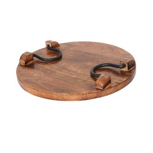Vajilla de mesa para servir, bandeja decorativa de madera de forma redonda más vendida para Hotel en casa con asas de Metal para desayuno, café, té - Product Image 2