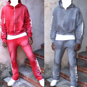 Men's Lightweight Full Zip Long Sleeve Customized Color Sun Fade Hooded Streetwear Sweatsuit Custom Logo <b>Distressed</b> Embroidery - Product Image 3