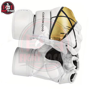 Golden & White Contrast Handmade High Quality MMA <b>Gloves</b> with Hook & Loop Closure Leather Microfiber Customizable - Product Image 2