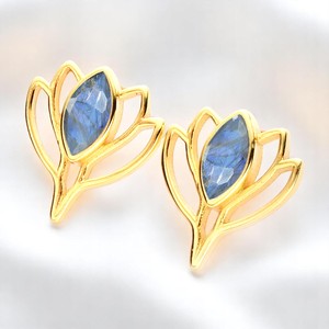 Labradorite Marquise Birthstone <b>Lotus</b> Earrings Studs <b>Jewelry</b> For Women Wholesale Gold Plated Handmade Studs - Product Image 1