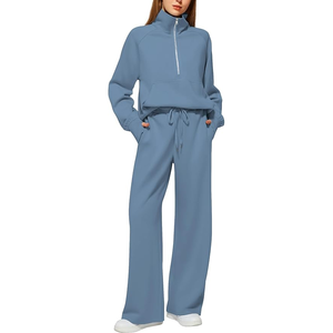 Conjunto de salón de 2 piezas de algodón para mujer, sudadera de media cremallera de gran tamaño 2025, conjunto de pantalón de chándal de pierna ancha, chándal - Product Image 1