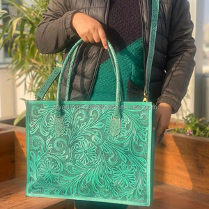 กระเป๋าหนังสะพายข้างสำหรับผู้หญิง, กระเป๋าหนังแท้แฟชั่นสุดหรูสะพายไหล่ลายดอกไม้สีเทอร์ควอยซ์ - Product Image 2