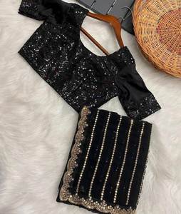 Hermoso color negro rico fiesta y función desgaste suave Georgette tela hilo de secuencia múltiple trabajo peso ligero elegante Saree - Product Image 4