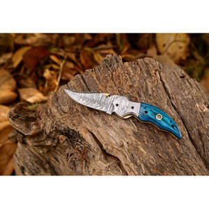 Cuchillo de bolsillo plegable EDC de acero de Damasco personalizado hecho a mano mango de madera exótica Funda de cuero con hoja de 3 pulgadas-para acampar DIY soporte OEM - Product Image 3