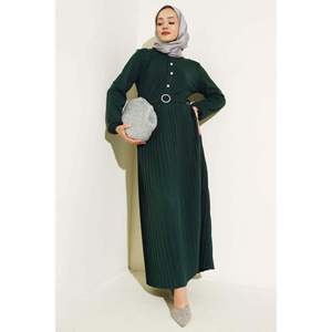 Robe modeste en tricot avec bouton plissé émeraude - Product Image 3