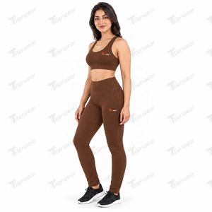 Women Yoga Set High Waist <b>Leggings</b> and Racerback Sports Bra <b>Brown</b> 2 Piece Set Breathable Spandex Polyester Full Length - Product Image 2