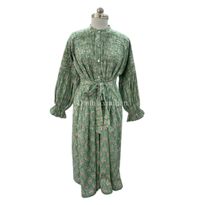 Bán Buôn Phụ Nữ Của 100% Bông Mùa Hè Ăn Mặc Handmade Khối In Ddiềm Vành Đai Và Nút Đứng Cổ Áo Giản Dị Đảng Mặc Ăn Mặc - Product Image 1