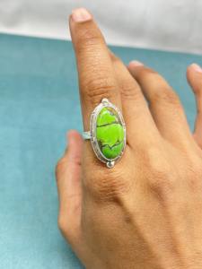 925 bague en argent sterling massif Boho Turquoise bague de mariage en cuivre vert avec lunette bague de promesse - Product Image 3