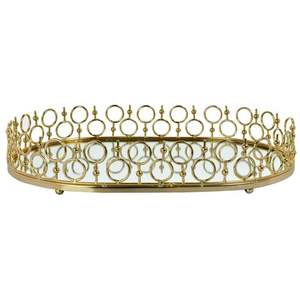 Plateau décoratif ovale en métal doré miroir de luxe, organiseur de maquillage et de bijoux, plateau de service en verre pour la maison, la décoration de mariage et les cadeaux - Product Image 1