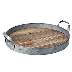 Round Rustic Galvanized Metal & Distressed Wood Serving <b>Tray</b> with Handles for Home <b>Office</b> Parties and Garden Decoration - Product Image 3