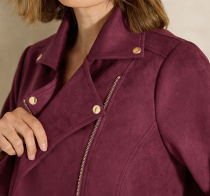 Burgundy <b>Suede</b> Moto <b>Jacket</b> With Zipper Closure Turn-down Collar Regular Fit Unisex Autumn Wear - Product Image 3