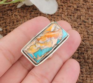 Handmade Vintage Style <b>Boho</b> <b>Silver</b> Bezel Setting <b>Ring</b> with Oyster Copper Turquoise Gemstone Rectangle Shape Wedding Party Women - Product Image 5