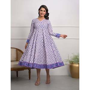 Vestido Angrakha 100% Algodón Blanco con Estampado de Bloques, Estilo Hippie Largo, Cintura Imperio, Casual, para Club o Día, ODM, Alta Calidad, Talla Única/XS - Product Image 6