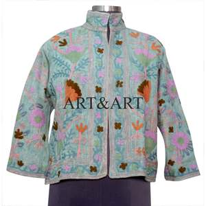 Manteau bomber en coton pour femme, style nouveau, court, matelassé, tricoté, floral, fait main, broderie Suzani - Product Image 1