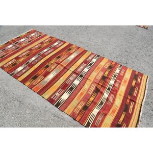 Vintage Large Rug 4.4x9.5 ft, Turkish Kilim <b>Red</b> Ikat <b>Wool</b> Rug - Product Image 4