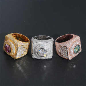 Anillo de piedra redonda grande helado de lujo oro plata chapado en oro rosa joyería de Hip Hop hombres mujeres declaración regalo de fiesta - Product Image 1