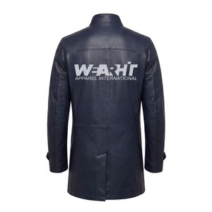 Veste en cuir véritable de style designer, mi-longue, en cuir de vachette, logo embossé, bleu marine - Product Image 2