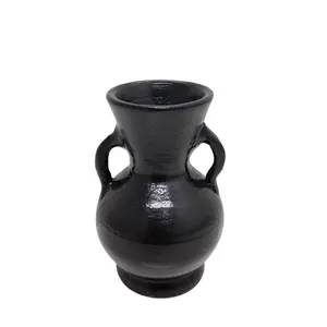 一套2个粘土圆形花瓶，带手柄黑色彩色大尺寸现代设计家居花园花器