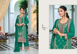 Costume élégant Salwar Kameez Palazzo en chinon lourd avec broderie complexe idéal pour les mariages et les occasions spéciales - Product Image 5