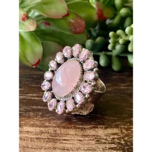 Southwest Handmade Rose Quartz & Tourmaline Sterling <b>Silver</b> Oval Cluster <b>Ring</b> <b>Adjustable</b> Size 8 - Product Image 4