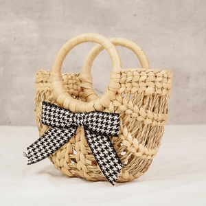 Handcrafted Mini Water Hyacinth Handbag with Houndstooth Bow / Stylish Woven Straw <b>Purse</b> with Round Handle - Product Image 3