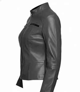 Premium Women's Grey Real <b>Leather</b> <b>Cafe</b> <b>Racer</b> Slim Fit Soft Lambskin Moto Biker <b>Jacket</b> Cotton Lining Eco-Friendly Elegant Casual - Product Image 5