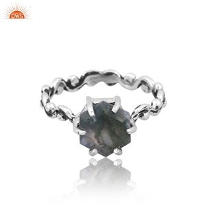 Bague en argent sterling fin 925 Agate verte Moos en forme d'hexagone Twist Band Style Prong Set Bijoux faits à la main - Product Image 2