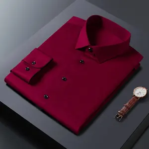 Shangjie 2024 Spring Autumn Customized Slim Non Iron Men's Stretch Knit High Quality Office Shirt Long Sleeve Burgundy Shirt