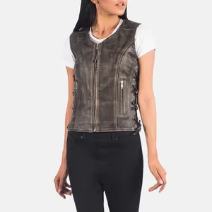 Wholesale Prices Custom Design Bulk Quantity Vanda Distressed Leather Biker Vest For Women With Heavy Zipper Top Quality