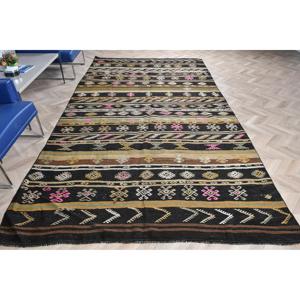 Tapis vintage 6,46 x 11,7 pieds, tapis Kilim, tapis persan noir en laine - Product Image 1