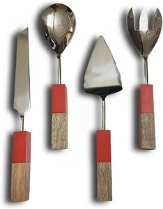 Ensemble de 4 couverts à salade et couteaux à gâteau en acier inoxydable avec manche en bois top tendance - Product Image 1