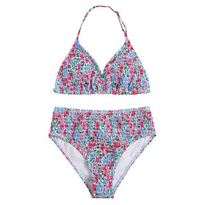 Ensemble de bikini smocké imprimé pour femme, haut triangle dos nu, bas taille haute extensible, maillot de bain deux pièces, tenue de plage florale OEM - Product Image 3