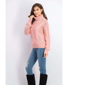 Suéter de punto trenzado rosa extragrande con cuello alto para jóvenes Crave Fame, cárdigan floral vintage transpirable informal para invierno - Product Image 1