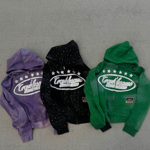 OEM US, sans taxe, streetwear personnalisé, sweat à capuche en strass, surdimensionné, en molleton français, lourd, vintage, délavé à l'acide, sweat à capuche zippé - Product Image 1