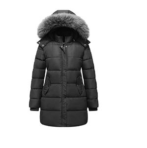 Chaqueta acolchada tejida transpirable para mujer a la moda, chaqueta de invierno de longitud completa con capucha y diseño de ribete de piel - Product Image 1