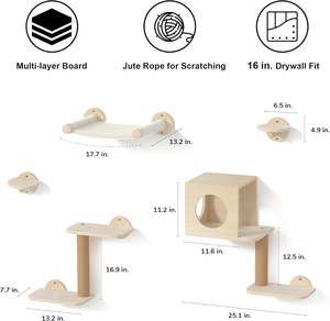 Étagères murales pour chat, ensemble de meubles en bois stable à 5 pièces, grimpeur pour chat avec hamac, maison, marches, griffoir - Product Image 5