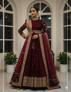 Salwar Kameez traditionnel en velours lourd avec broderie de fils et de paillettes, dupatta en tulle doux et ceinture |   Collection de vêtements de soirée haut de gamme - Product Image 1