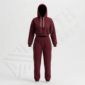 Ensemble de survêtement pour femme d'hiver, de haute qualité, avec logo personnalisé, imprimé par broderie, sweat-shirt à capuche et pantalon de jogging, polaire épais, décontracté, court - Product Image 1