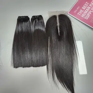 Vietnam cabelo best-seller, cor natural osso reto duplo trama cabelo feixes e laço fechamento frontal